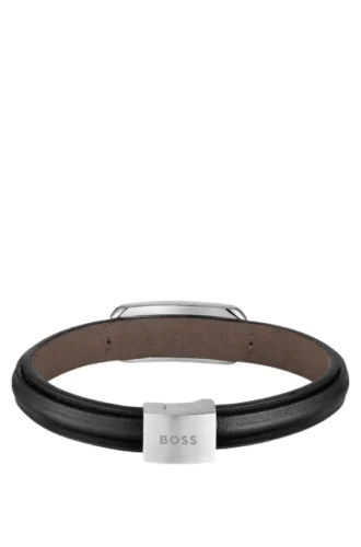 Armband i brunt läder med metallkedja med logotyp