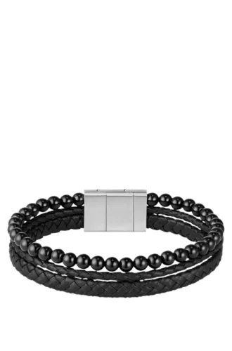 Armband med flätat svart läder och pärlor