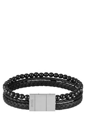 Armband med flätat svart läder och pärlor