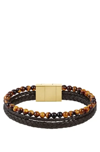 Armband med pärlor och flätat brunt läder