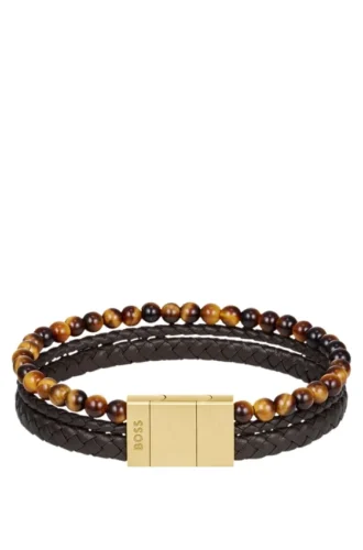 Armband med pärlor och flätat brunt läder
