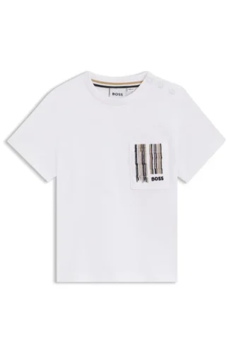 Barn-T-shirt i bomull med ficka med signaturränder