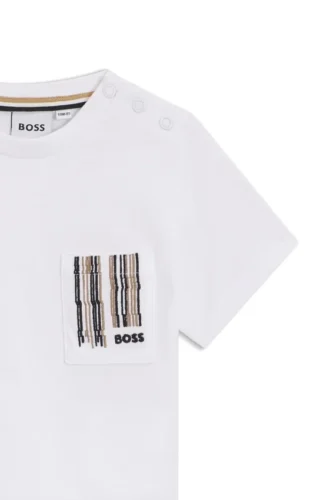 Barn-T-shirt i bomull med ficka med signaturränder