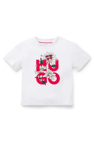 Barn-T-shirt i bomull med tryck av staplade logotyper och blommönster