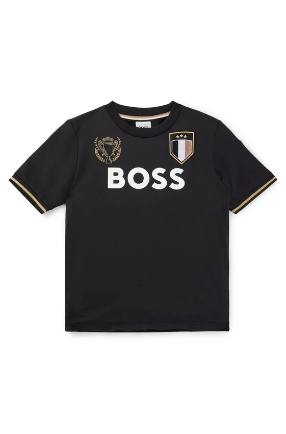 Barn-T-shirt i stretchtyg med broderade patchar Barn-T-shirt i stretchtyg med broderade patchar