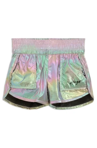 Barnshorts med logotryck i iriserande tyg