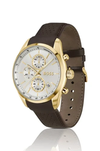 GRAND PRIX 44 Guldtonad kronografklocka med perforerat läderarmband