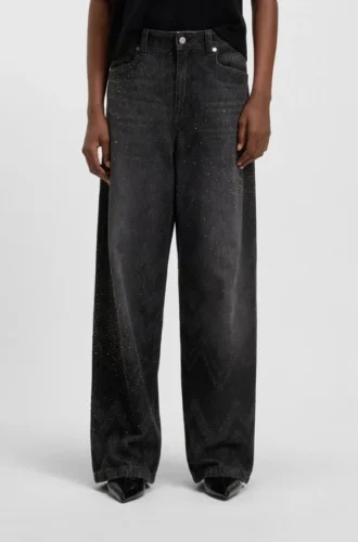 Jeans med vida ben i kristallprydd denim