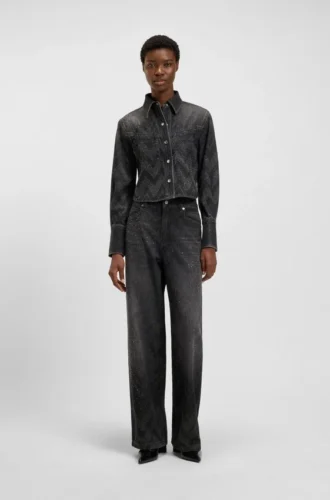 Jeans med vida ben i kristallprydd denim