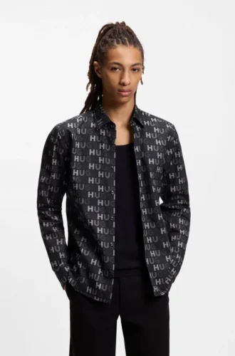 Mönstrad slim fit-skjorta i bomullspoplin