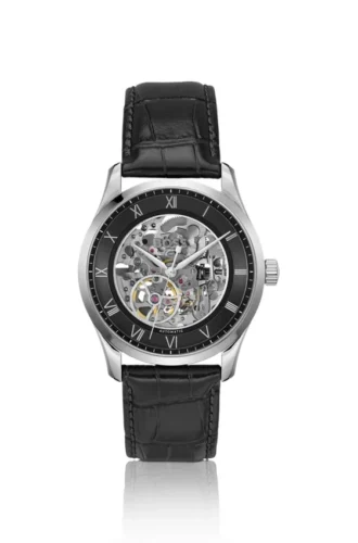 PRINCIPLE SKELETON Klocka med läderarmband och skelettliknande japanskt automatiskt urverk