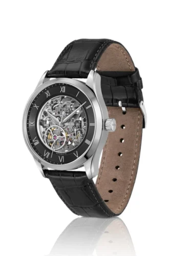 PRINCIPLE SKELETON Klocka med läderarmband och skelettliknande japanskt automatiskt urverk