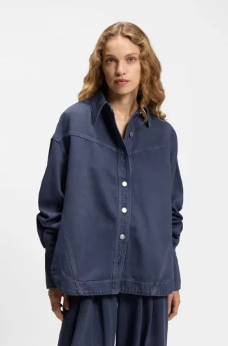 Rökblå blus i oversized-passform i styv denim