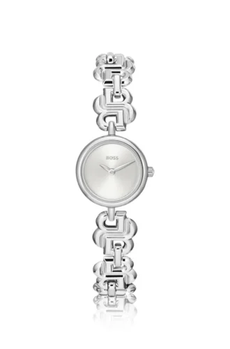 Silverfärgad klocka med armband med monogramlänkar