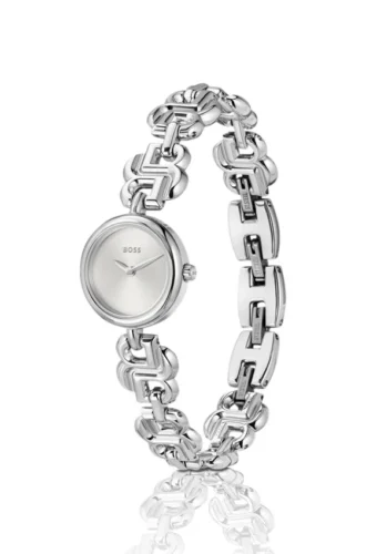 Silverfärgad klocka med armband med monogramlänkar