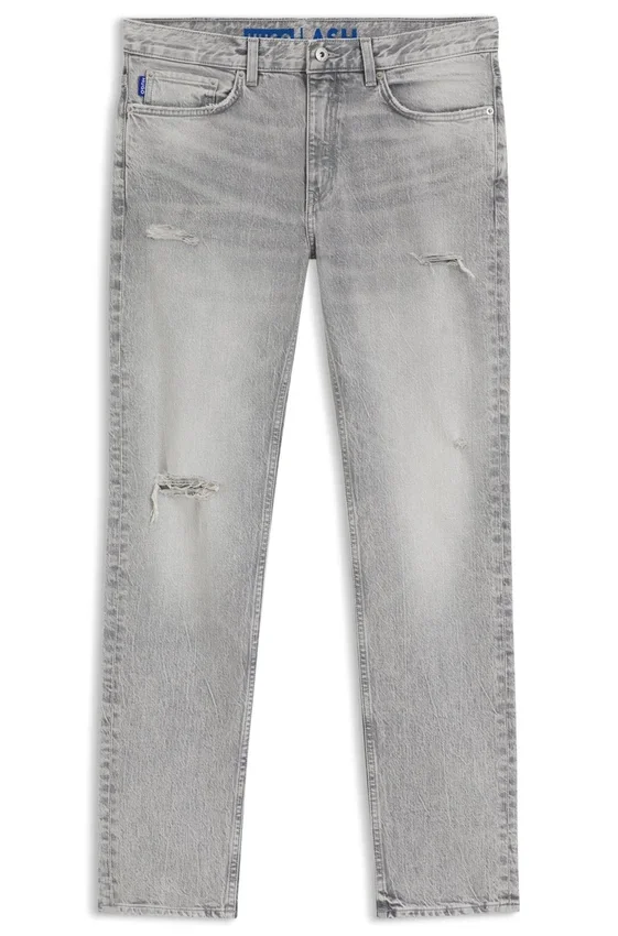 Slim fit-jeans i grå denim med slitna detaljer Slim fit-jeans i grå denim med slitna detaljer