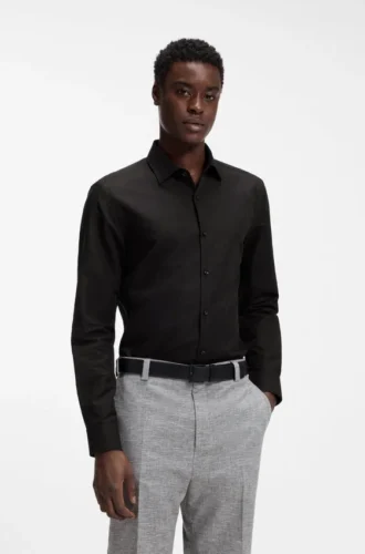 Slim fit-skjorta i bomulls- och linnejacquard