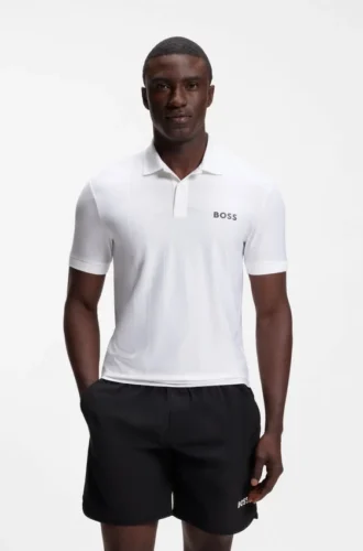 Smalpassad polotröja i Active Stripe-jersey med fyrvägsstretch