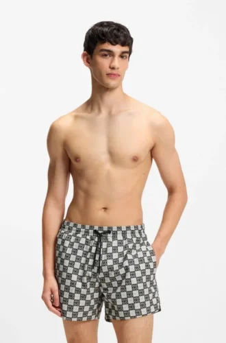 Snabbtorkande badshorts med rutmönster och staplade logotyper