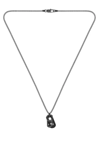 Svartpläterat halsband med läderetikett och metallkedja