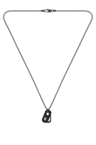 Svartpläterat halsband med läderetikett och metallkedja