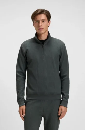 Sweatshirt i bomullsblandning med dragkedja i halsen och våffelstruktur