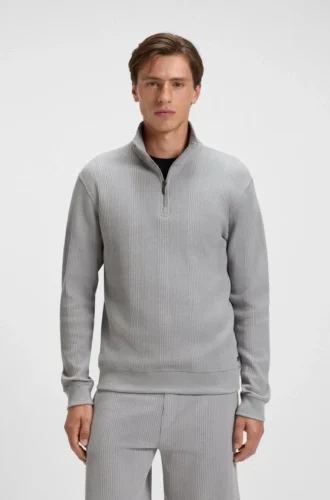Sweatshirt i bomullsblandning med dragkedja i halsen och våffelstruktur