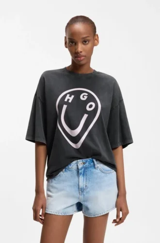 T-shirt i bomullsjersey med Happy HUGO-tryck i smält effekt