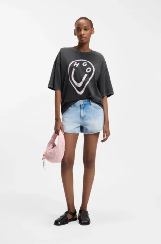 T-shirt i bomullsjersey med Happy HUGO-tryck i smält effekt