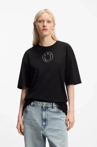 T-shirt i bomullsjersey med strass Happy HUGO