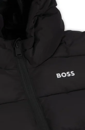 Vadderad jacka med huva och logodetaljer för barn